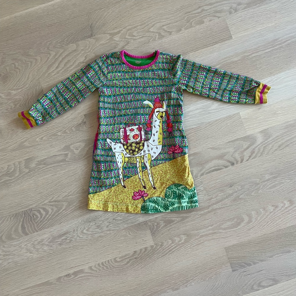 Oilily multi-colored dress, with llama design. Cotton/poly blend.